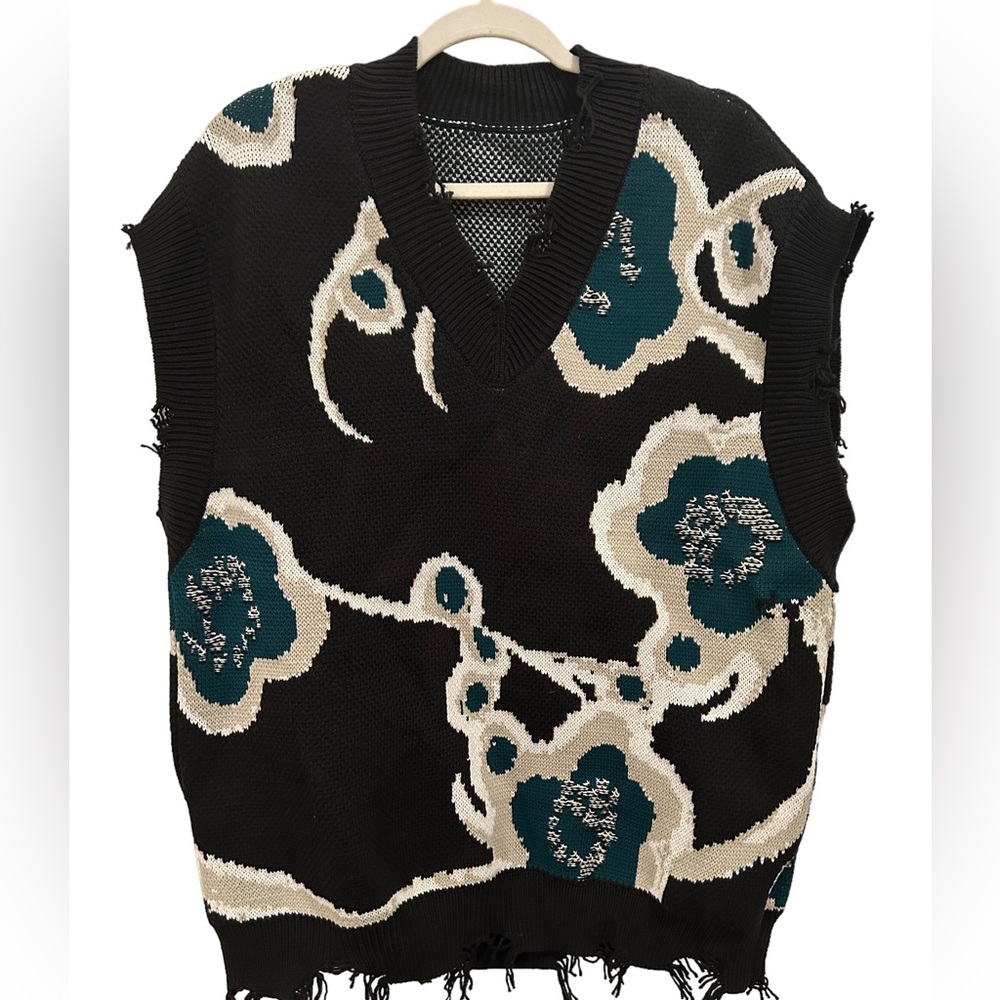 Oversized Chunky, Distressed, Green, Black, and Tan Sweater Vest with V-Neck